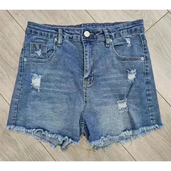 NWT Rocky Roxy Blue Denim Shorts Women's Sz Medium Distressed Frayed Hem Stretch - Picture 1 of 8